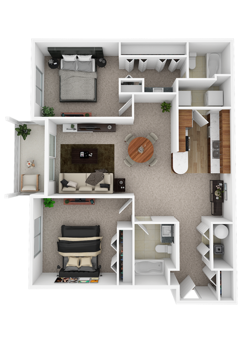 Floor plan for 2 beds, 2 baths, 1173 sqft